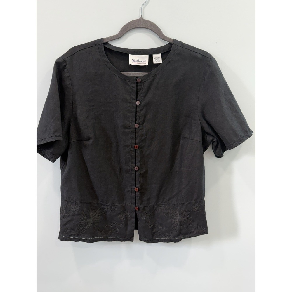 Westbound Vintage Black 100% Linen Button Down Blouse Embroidered L Quiet Luxury